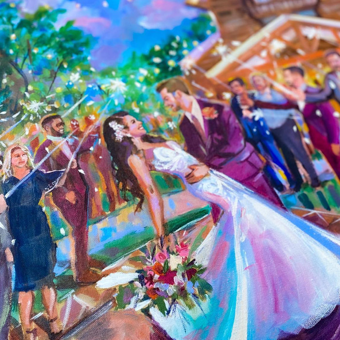 A painting of the bride and groom outside of the Blue Haven Event Venue in Alexandria