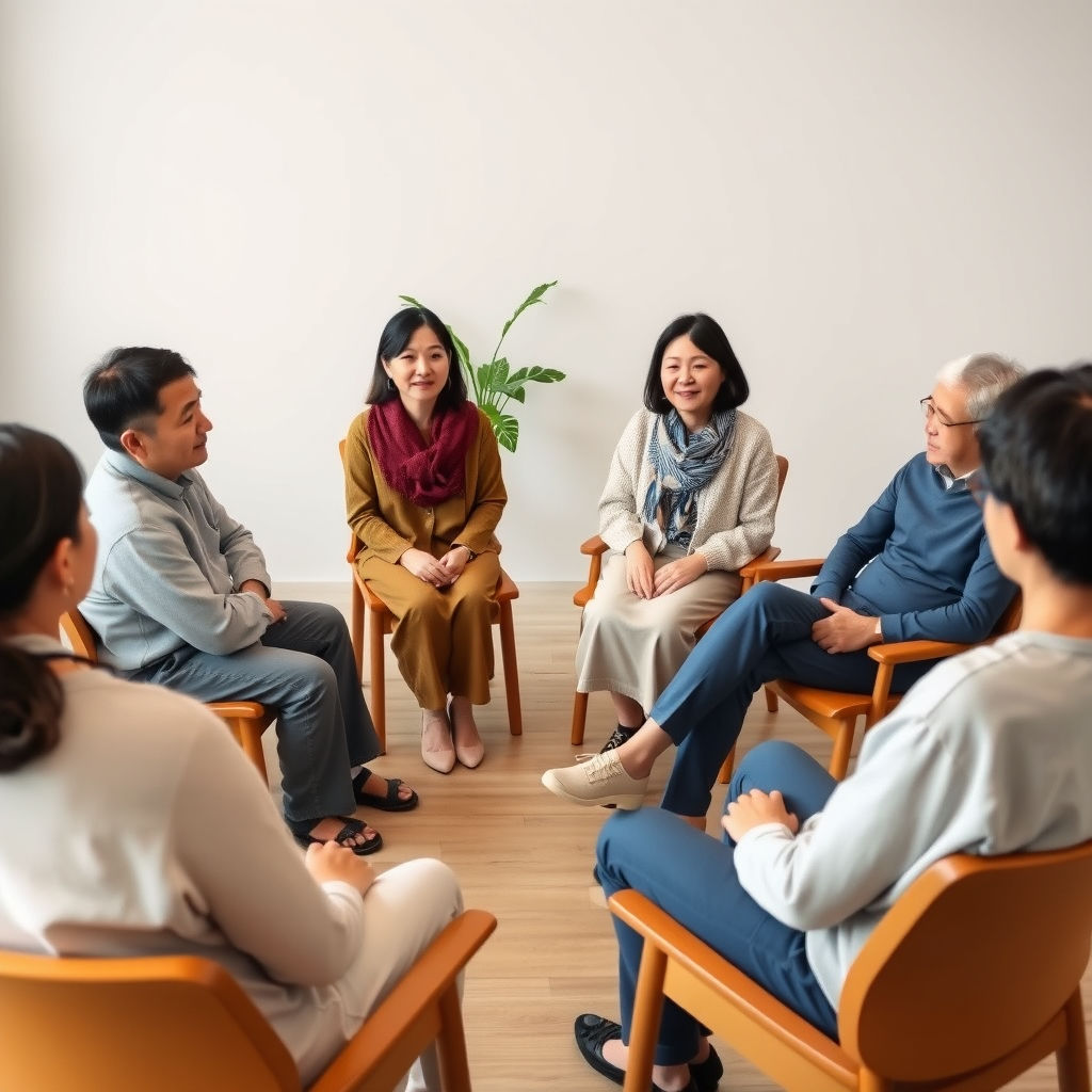 This is a picture of a diverse small group of people sitting in chairs in a circle, in a group therapy session and listening attentively to one another with compassion and support.