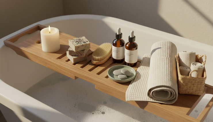 Overhead view of a candle and soap arranged with a towel and bath accessories.