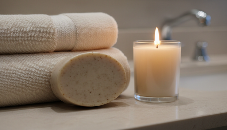 Close-up view of a candle flame beside folded towels and a bar of soap.