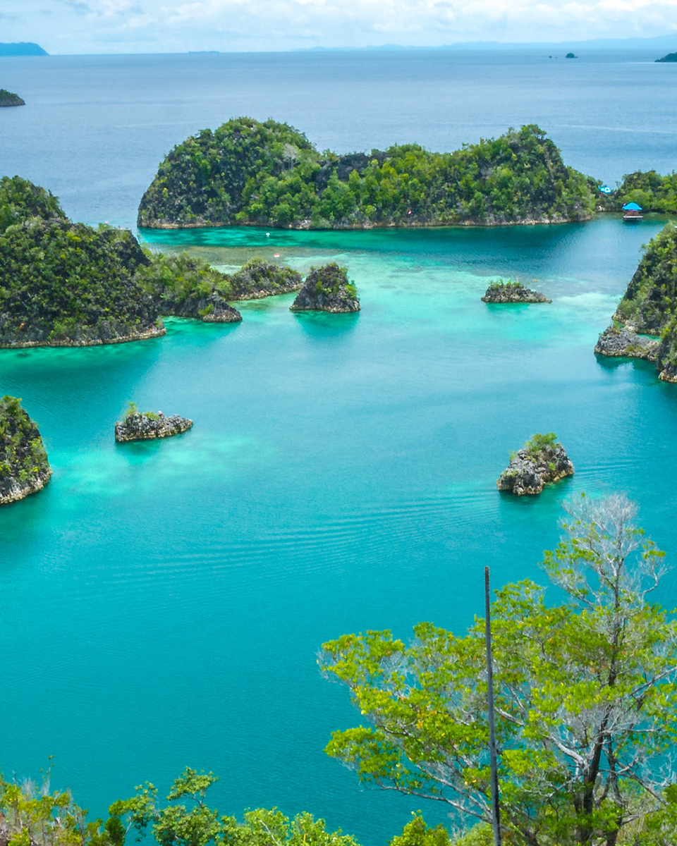 Aerial view of the turquoise waters and limestone islets of Raja Ampat, Indonesia, highlighting the pristine marine biodiversity Alila Purnama helps protect.