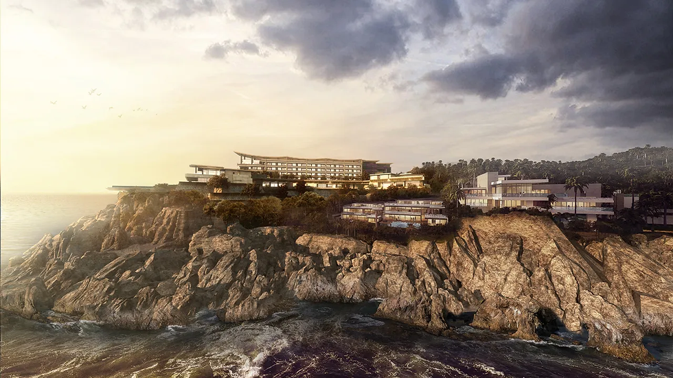 A large, modern resort complex built into a dramatic rocky cliffside overlooking the ocean at Alila Dongao Island in China.