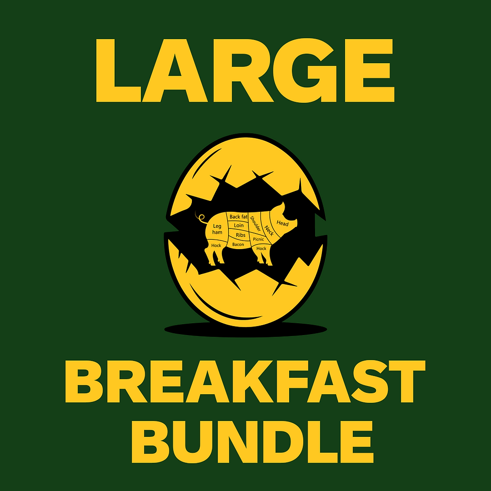 Large Breakfast Bundle text with cracked egg and pig symbol, pasture-raised berkshire pork bundles