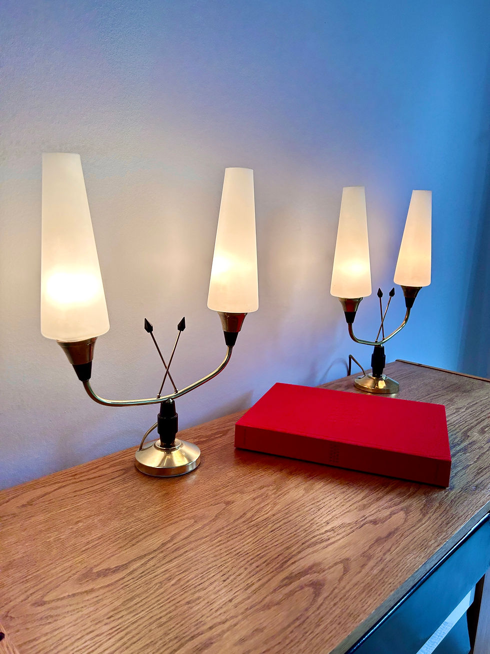 Miniature : Paire de lampes en laiton et opaline