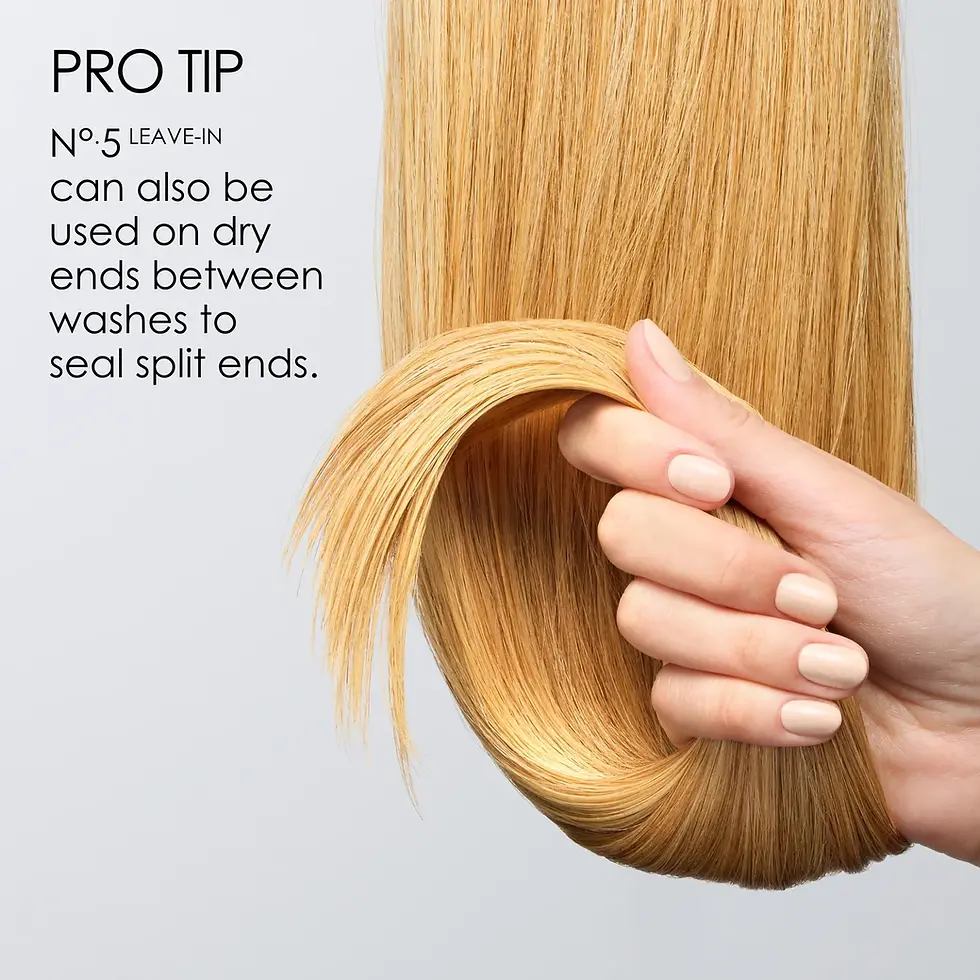 Thumbnail: Hand holding blonde hair, demonstrating use of Olaplex No. 5 Leave-In to seal split ends between washes.