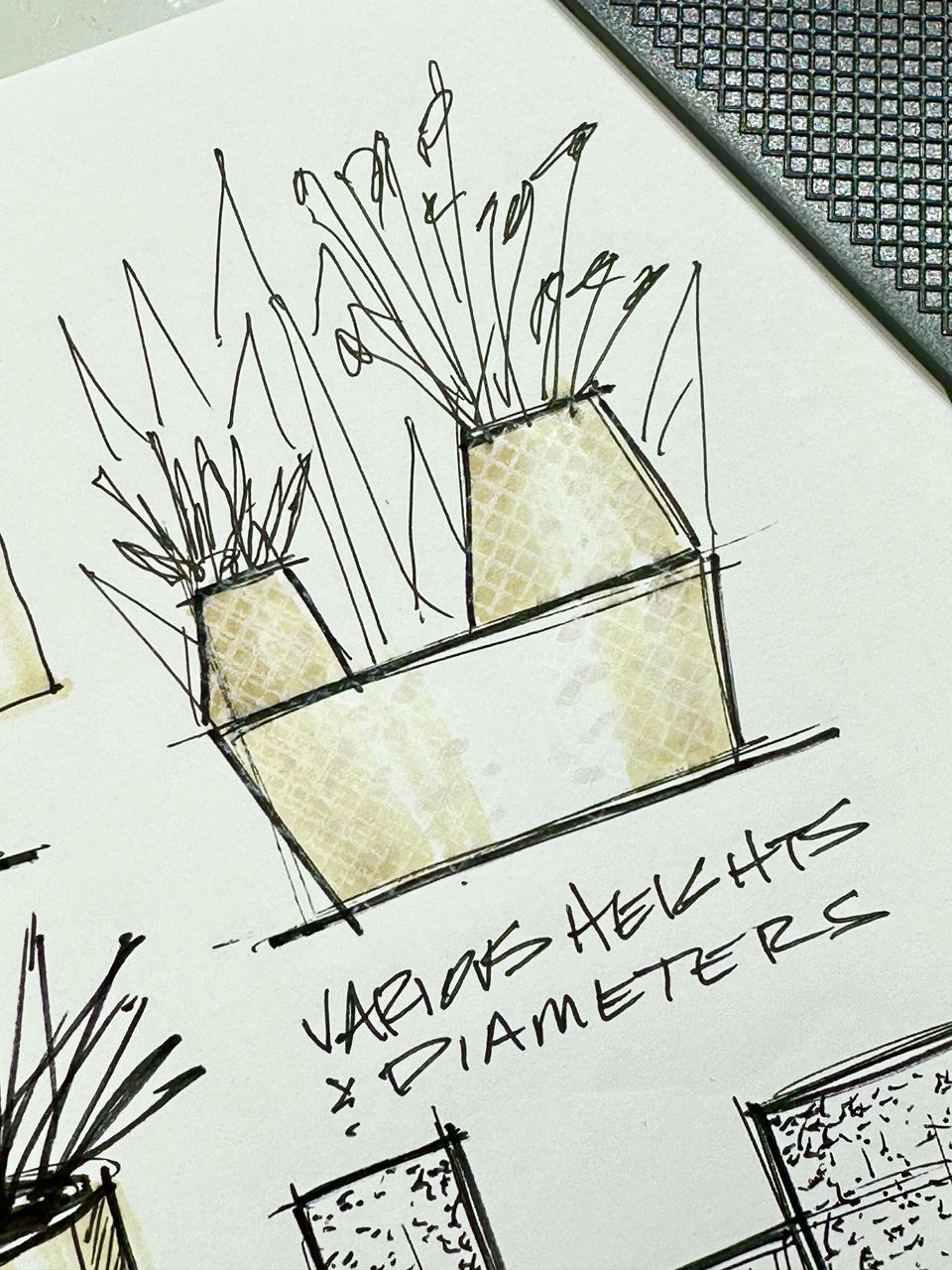 Hand-drawn sketch of two vases with varying heights and diameters