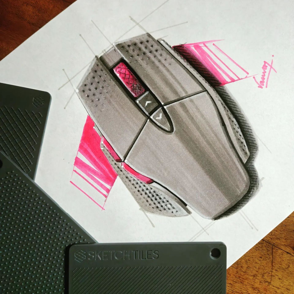SketchTiles drawing of a computer mouse with pink highlights