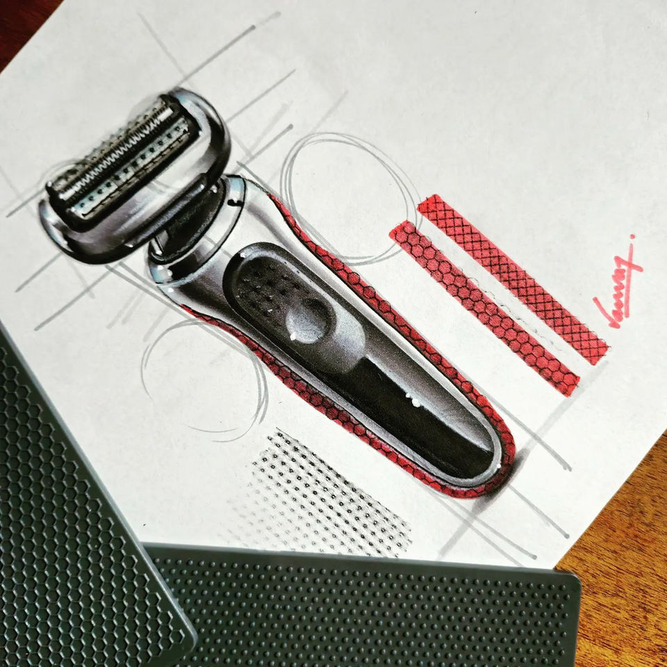 Hand-drawn sketch of a razor with red accents, design elements, and the signature 'Vanaj.'