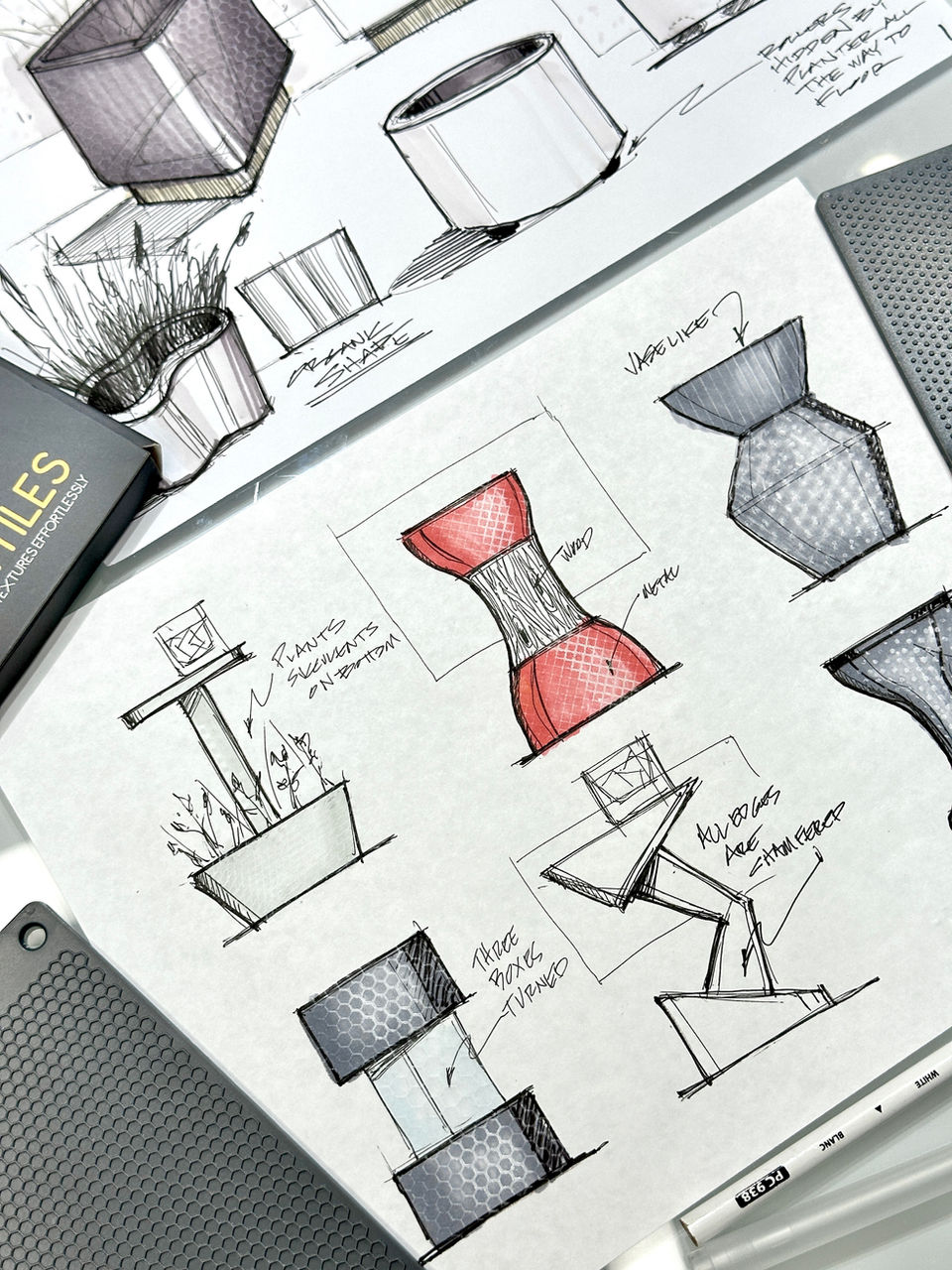 Hand-drawn sketches of planter designs, including text 'Plants Segments In-Between', 'Three Boxes Thangd', 'All Boxes Are Fit Together', 'Vapeline'