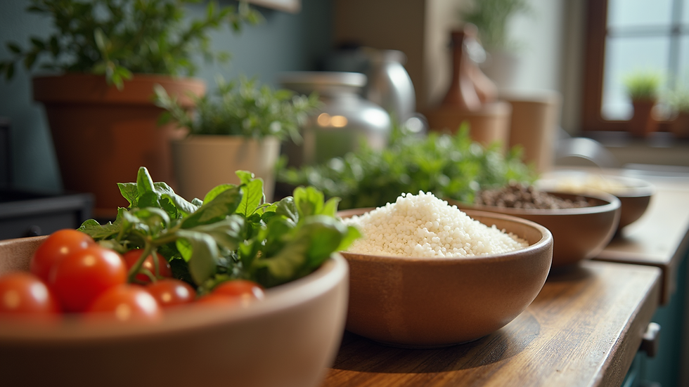 Close-up view of organized kitchen counter with ingredients in bowls