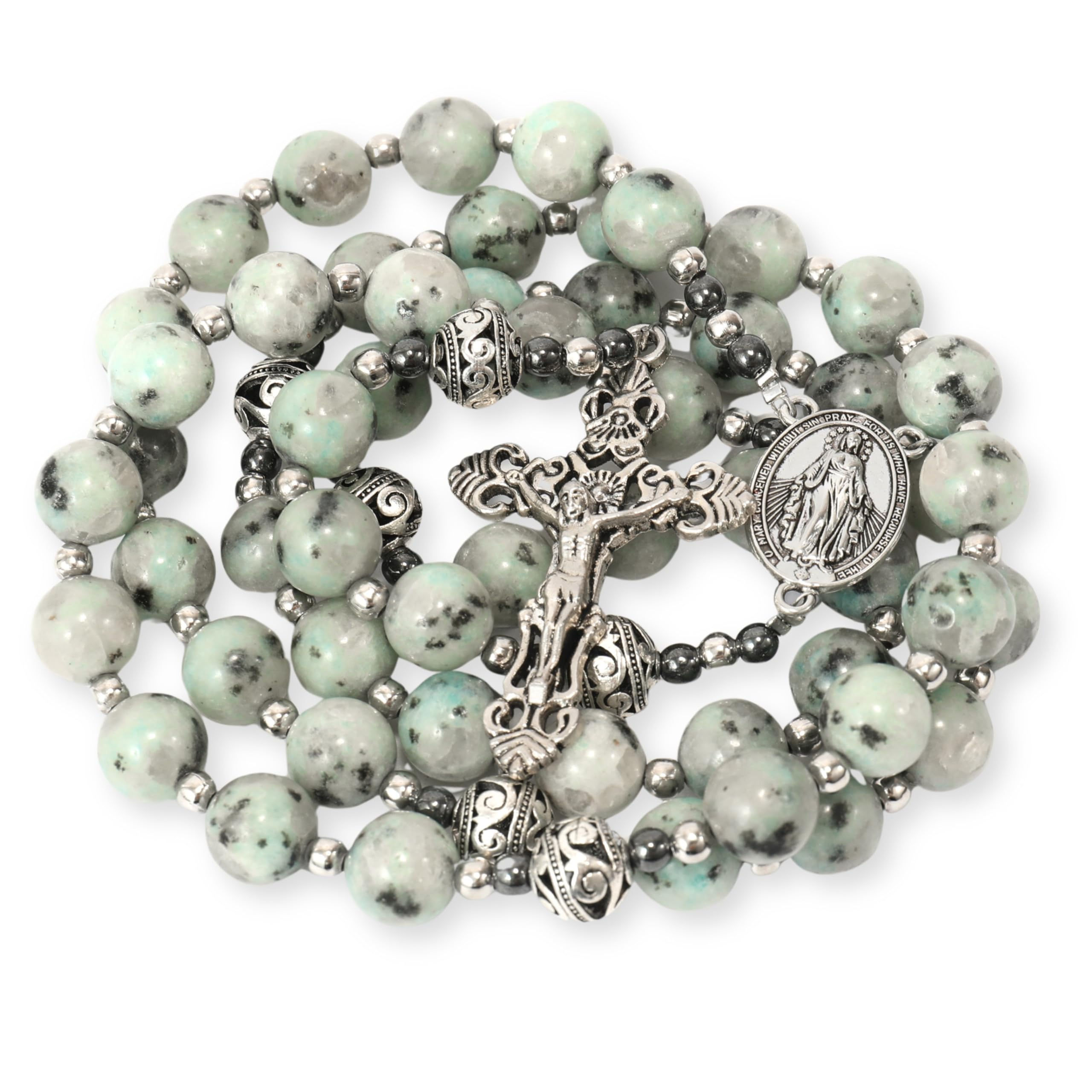 Nazareth Store Blue Dalmatian Jasper Rosary Stone Beads Necklace Metal Beaded Gl