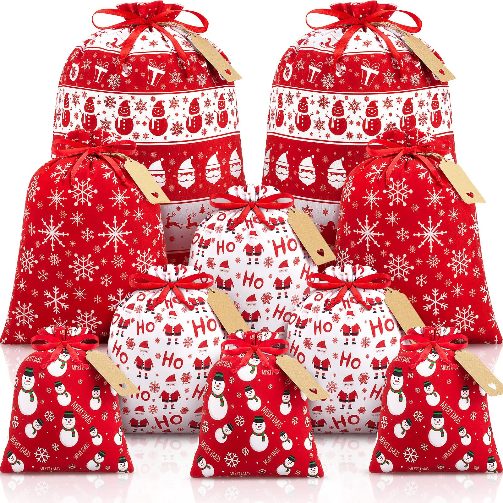 10 PCS Christmas Drawstring Gift Bags with Tags Red and White Xmas Gift Bags Ass