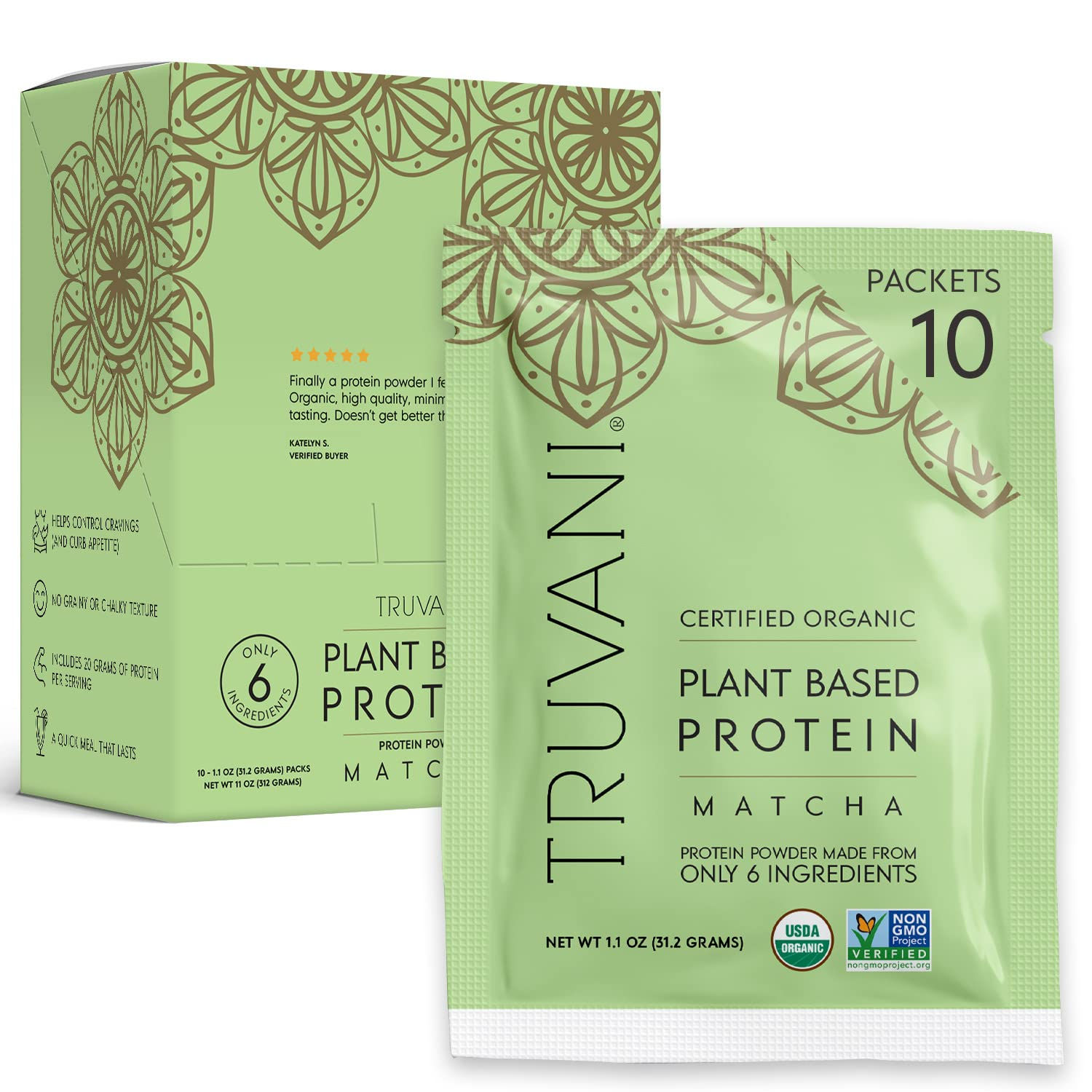 Truvani Vegan Pea Protein Powder | Matcha | 20g Organic Plant Based Protein | 10