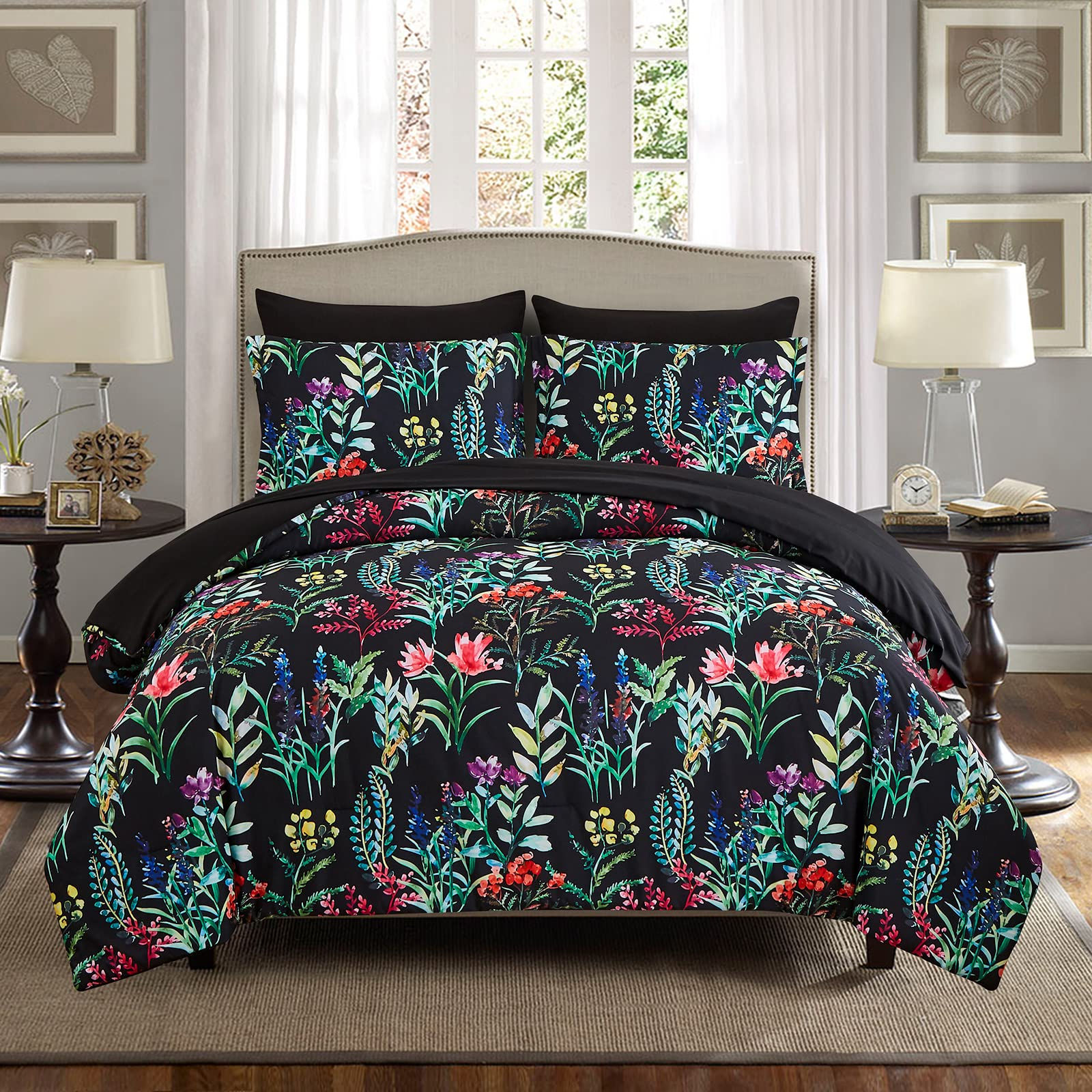DHSFKBE 7 Piece Bed in a Bag Floral Comforter Set Botanical Flowers Comforter an
