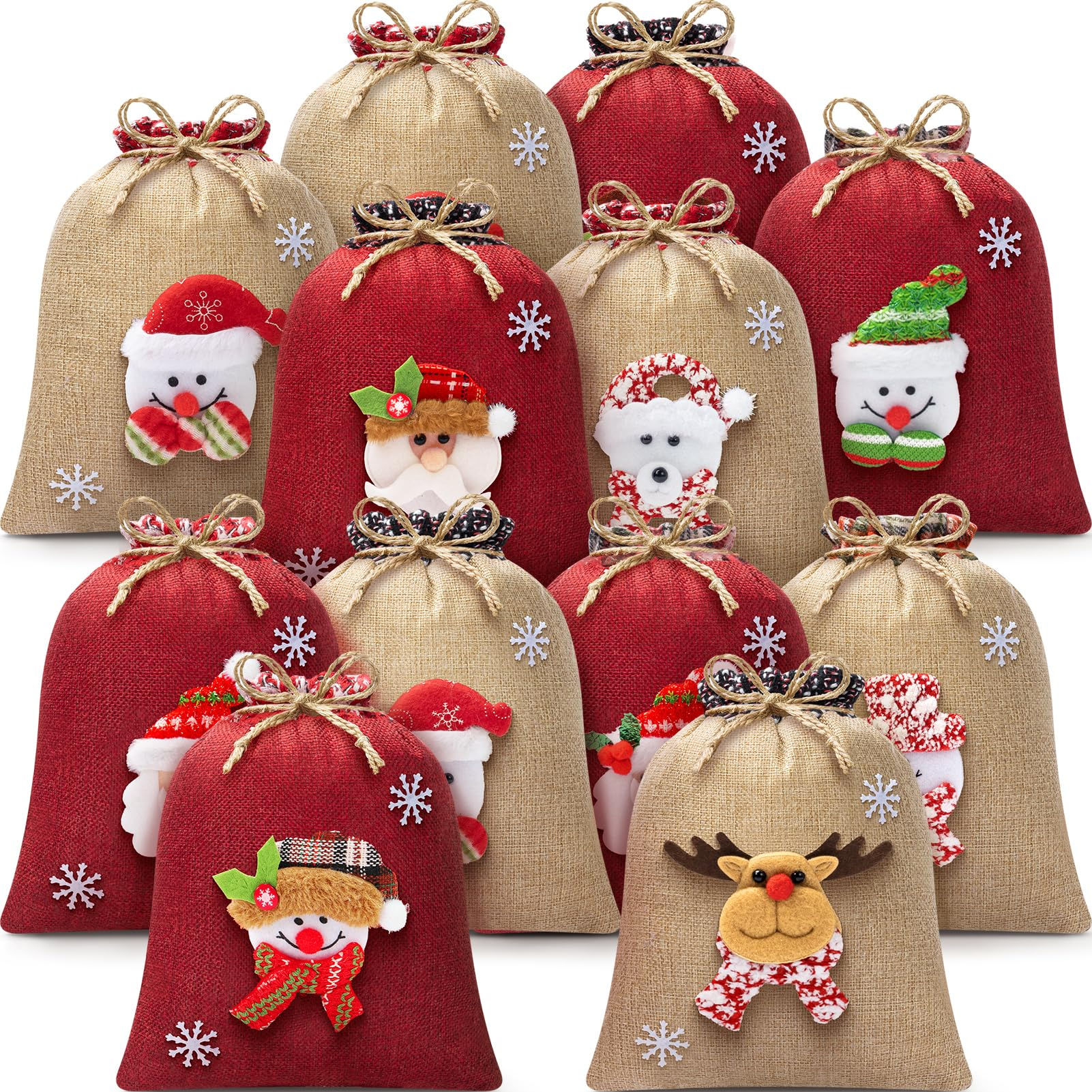 12Pcs Burlap Christmas Gift Bags with Drawstring 8x10in 3D Doll Christmas Goody