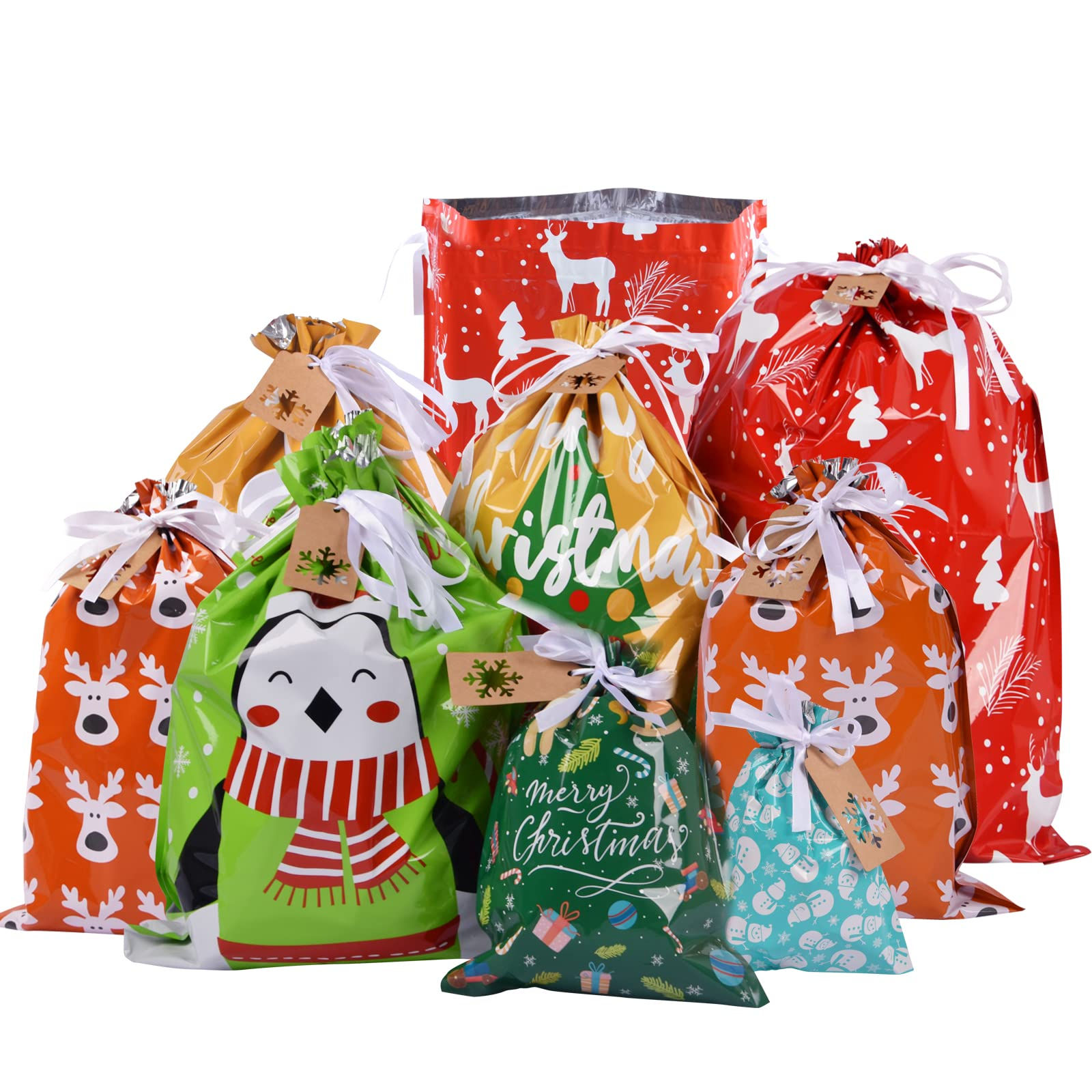 Drawstrings Christmas Gift Bags Assorted Sizes 34Pcs Holiday Gift Bag Bulk Chris
