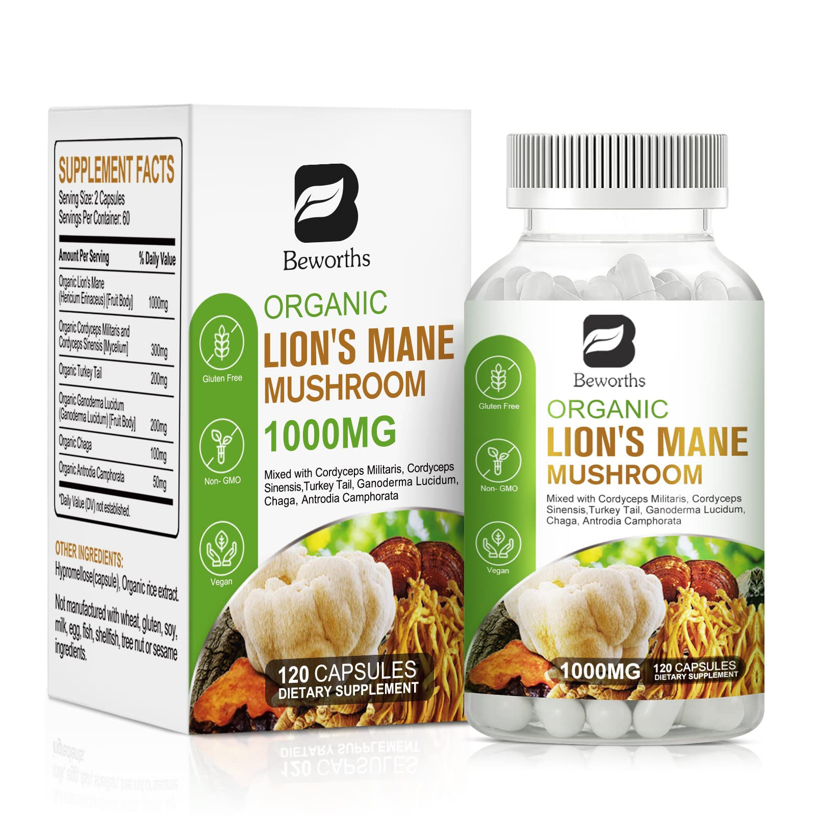 B BEWORTHS Lions Mane Mushroom - 120 Capsules | Organic Lions Mane Turkey Tail M