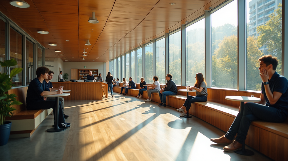 Wide angle view of a vibrant student community space