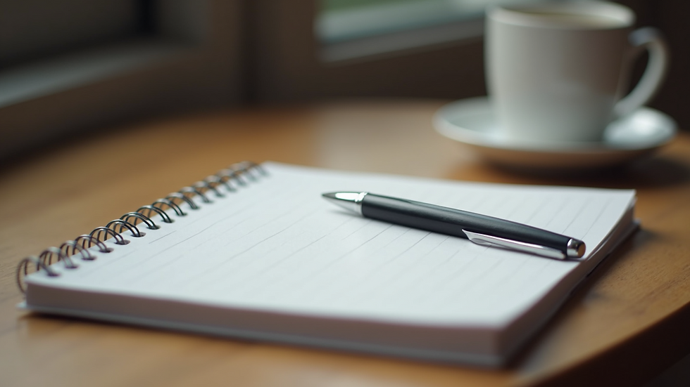 Close-up view of a notebook with a pen on a wooden table