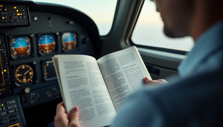 High angle view of pilot reviewing aviation phraseology manual