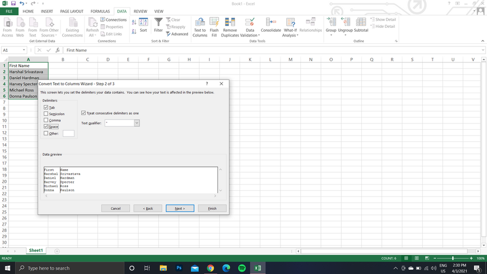 Separate First name and last name in excel(Text to column)