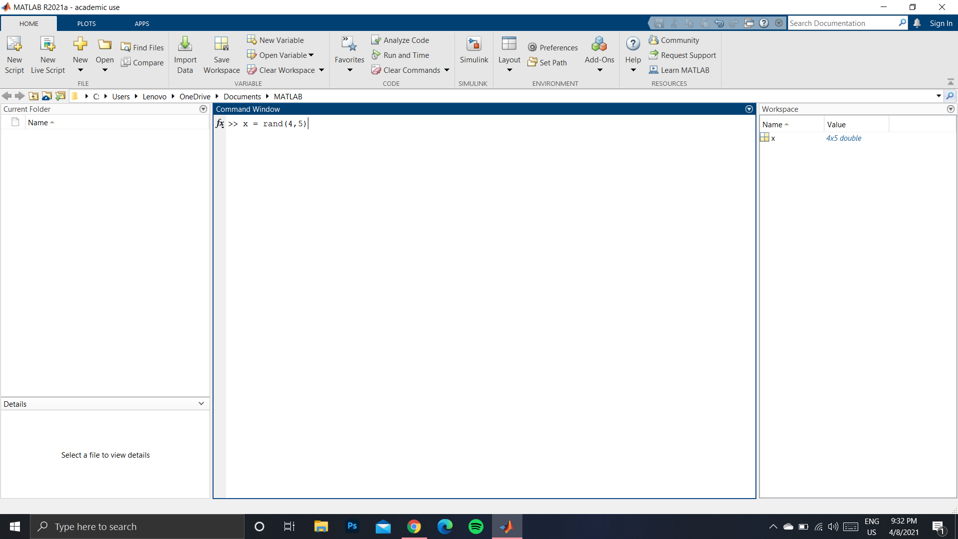 Generate random matrix of desired number of columns and rows (MATLAB)