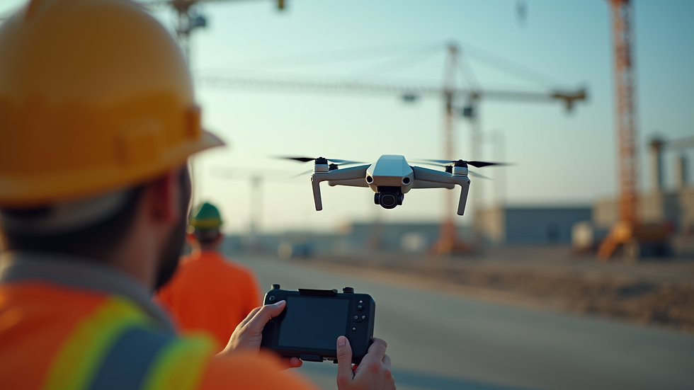 Eye-level view of a drone operator controlling a drone at a construction site