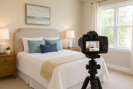 Camera on tripod photographing a cozy bedroom with a beige bed, blue pillows, and soft lighting. Artwork and window in the background.