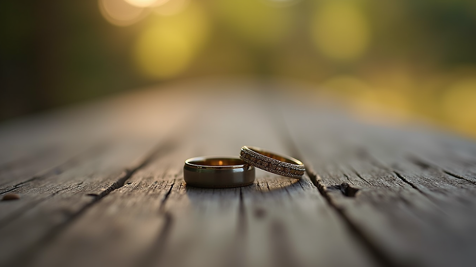 Close-up view of wedding rings on a rustic wooden surface