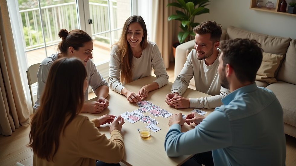 High angle view of a family playing a fitness card game in a bright living room