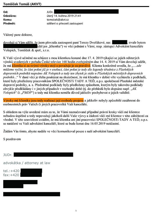 Mail Dvořáková právní zástupkyně redigov