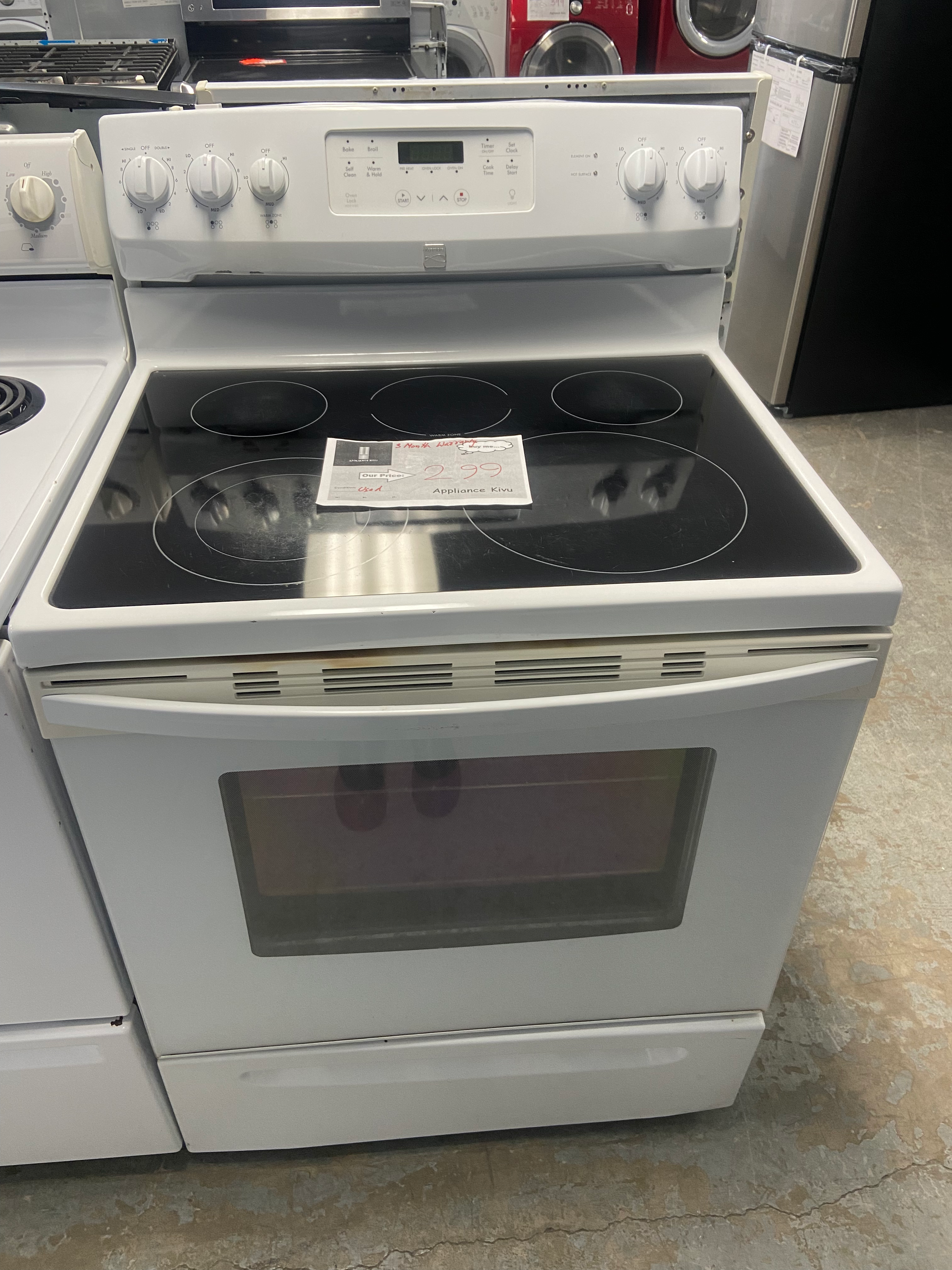 Kenmore glass top stove, 3Months warranty, white, 30”wide.