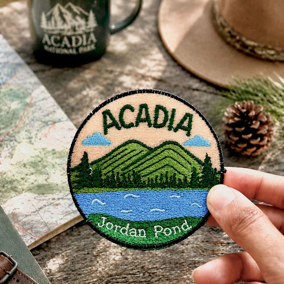 Acadia National Park patch featuring iconic mountain landscape, evergreen trees, and tranquil waters