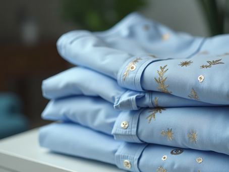 Delicately embroidered blue shirts featuring elegant gold designs by Beautiful Designs by Mona