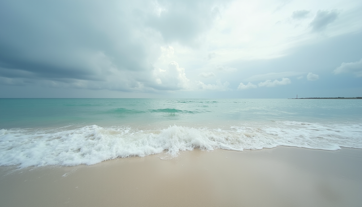 Eye-level view of a calm Florida beach with gentle waves and a cloudy sky