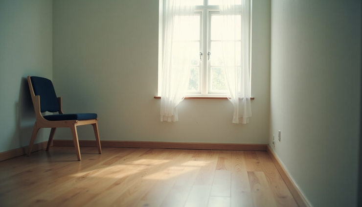 Eye-level view of a quiet therapy room with a single chair and soft lighting