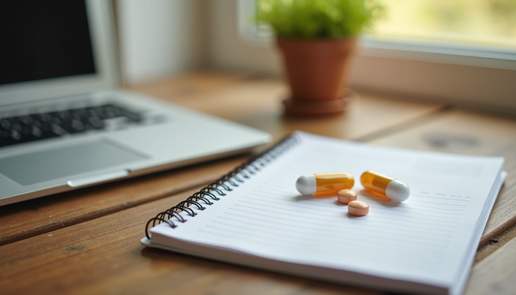Close-up view of allergy medication and a mental health journal on a wooden table
