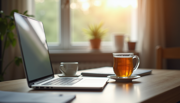 Eye-level view of a cozy home office setup with a laptop and a cup of tea, representing telehealth care for anxiety treatment