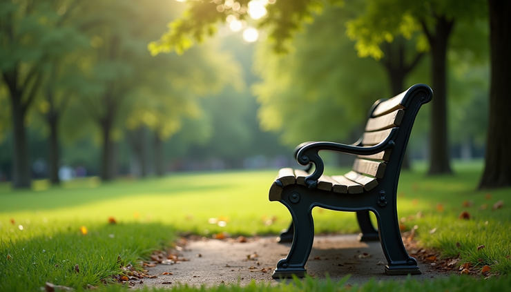 Eye-level view of a quiet park bench surrounded by greenery