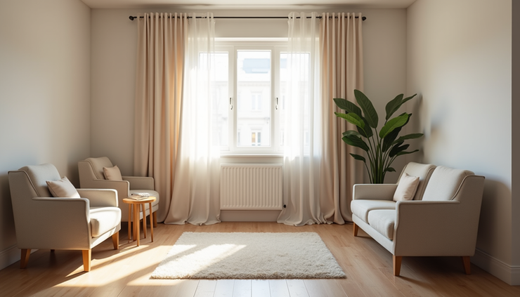 Eye-level view of a calm therapy room with comfortable chairs and soft lighting