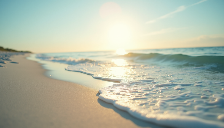 Eye-level view of a calm beach in Florida with gentle waves and soft sunlight