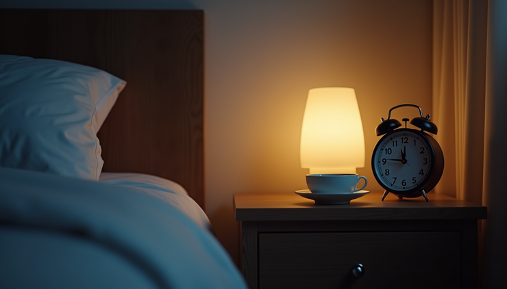 Eye-level view of a dimly lit bedroom with a clock showing late evening and a cup of tea on the nightstand