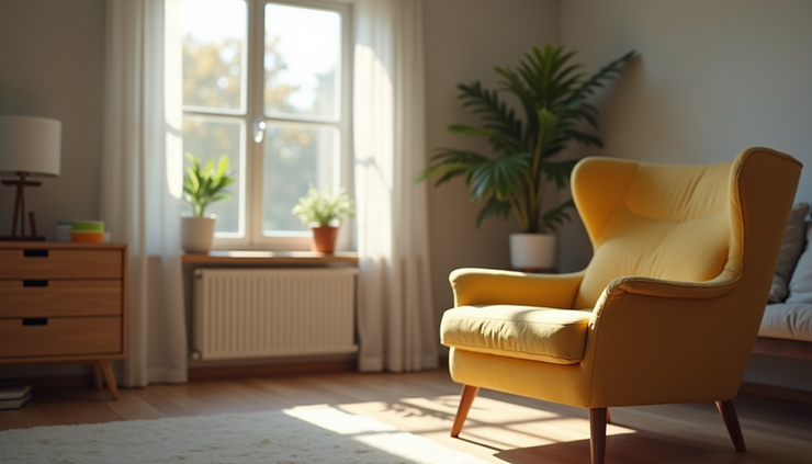 Eye-level view of a cozy living room with a comfortable armchair and a small table holding a medication organizer