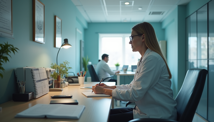 Eye-level view of a psychiatrist's office with diagnostic tools and notes on the desk