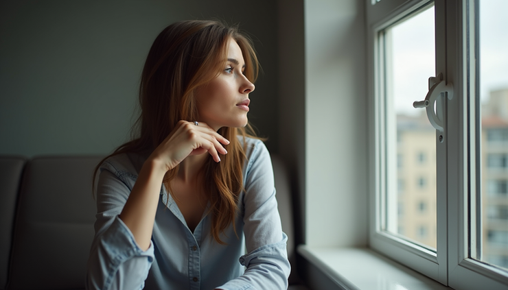 Eye-level view of a woman sitting by a window with a thoughtful expression, symbolizing reflection on mood and hormonal health