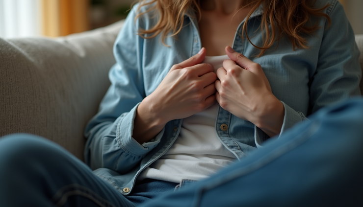 Close-up view of a person clutching their chest in discomfort, sitting on a couch at home
