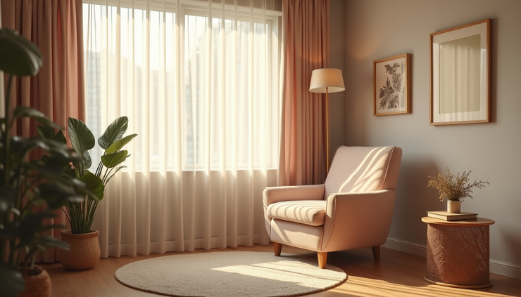 Eye-level view of a cozy therapy room with a comfortable chair and soft lighting