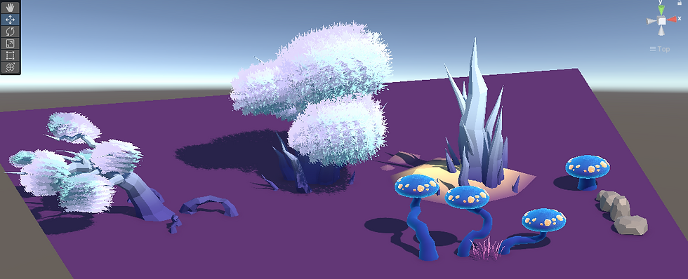 Diseño de nuevas especies de flora para la Zona Rocosa, agregando variedad y profundidad al entorno.