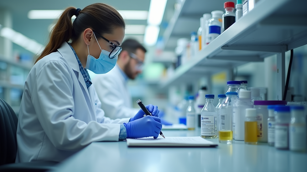 Close-up view of a research lab with scientists working on Parkinson's disease treatments