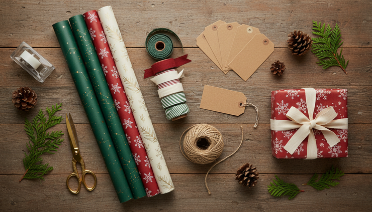 Overhead view of Christmas wrapping supplies arranged beside a finished gift